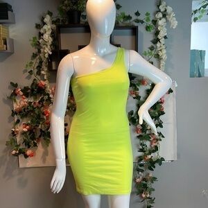 Ribbed One Shoulder Bodycon Mini Dress Neon Yellow Size M‎